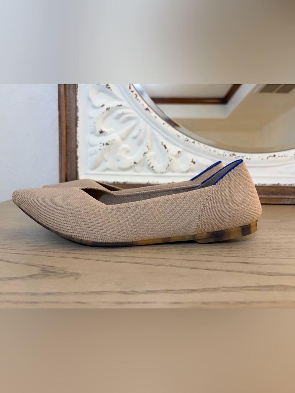 Rothy's Beige Knit Pointed-Toe Ballet Flats with Blue Heel Trim